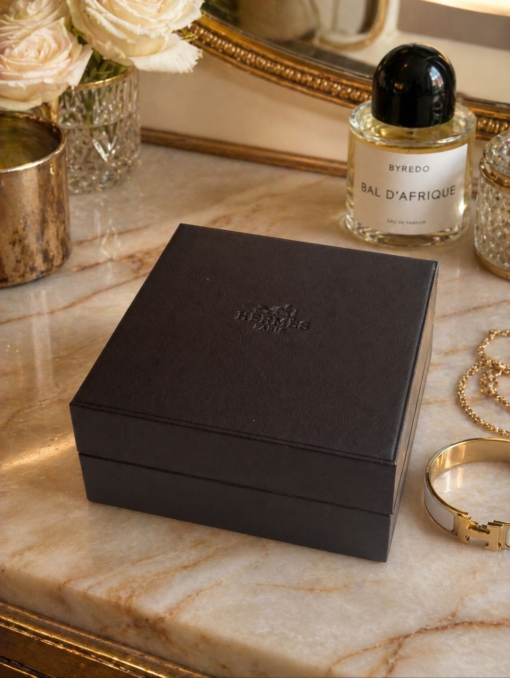 Hermes Black Leather Jewelry Box Suede Interior Authentic Designer Storage